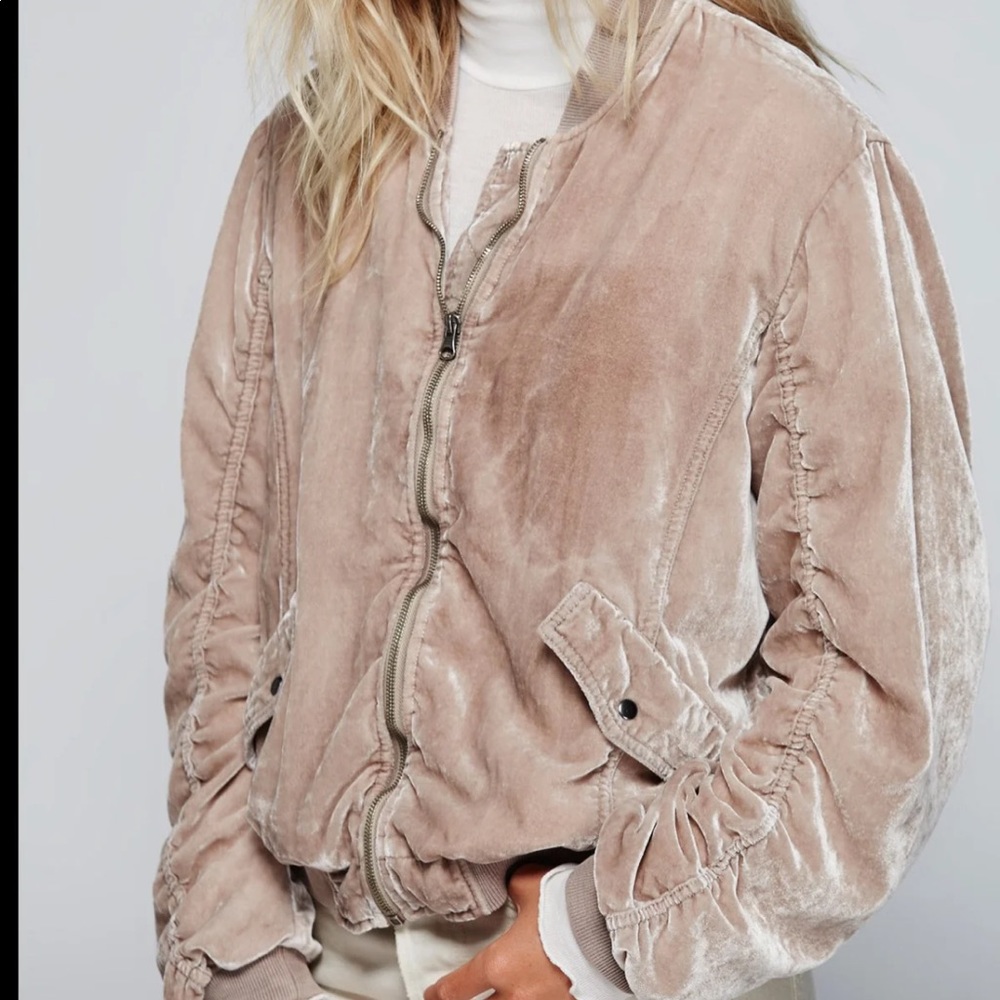 Free People Velvet Bomber Jacket in Taupe
